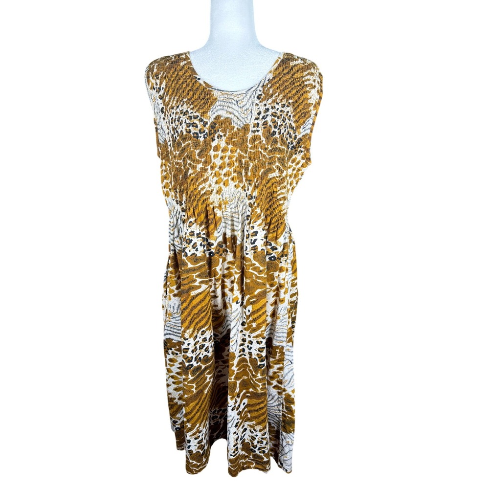 Metropolitan Women 2X Animal Print Smocked Cotton‎ Midi Dress Yellow Brown India